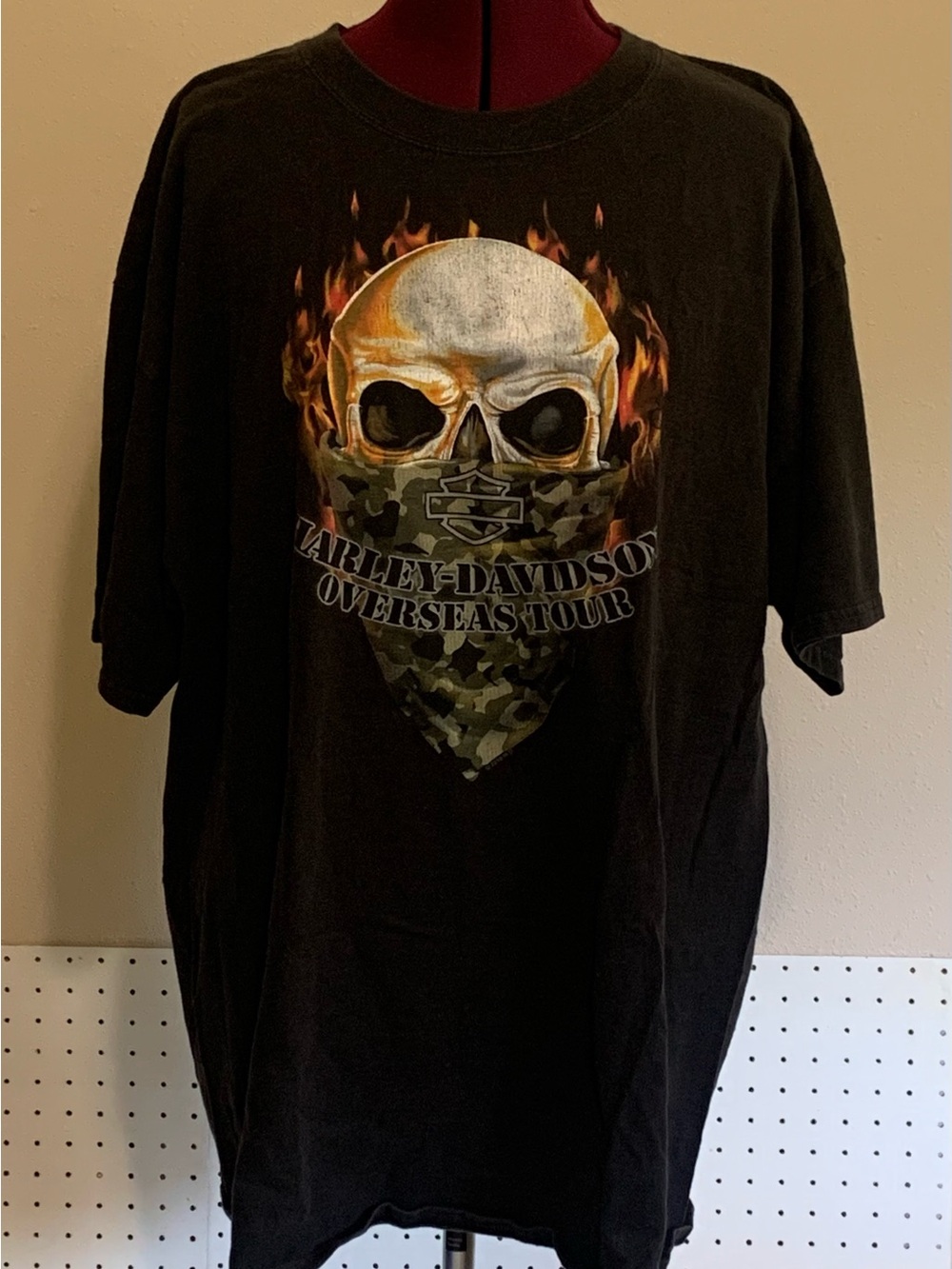 Harley-Davidson Black Tee with Flaming Skull and Camo Bandana